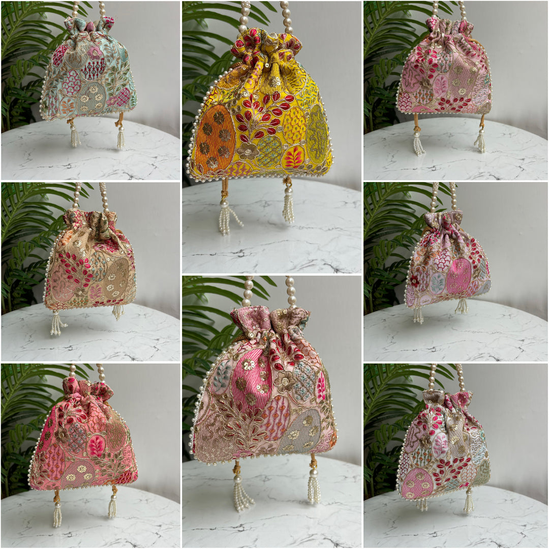 Handcrafted zari potli bags from The Zari Magic Collection – ideal for wedding favors, festive gifts, and bridal trousseaus