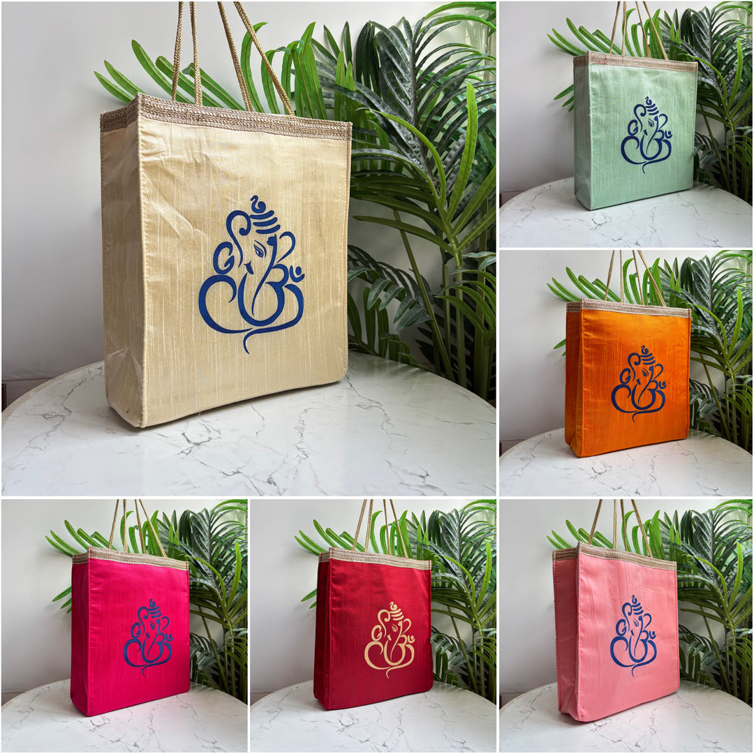 Raw silk Ganesh print Bags (Big size) - Bulk
